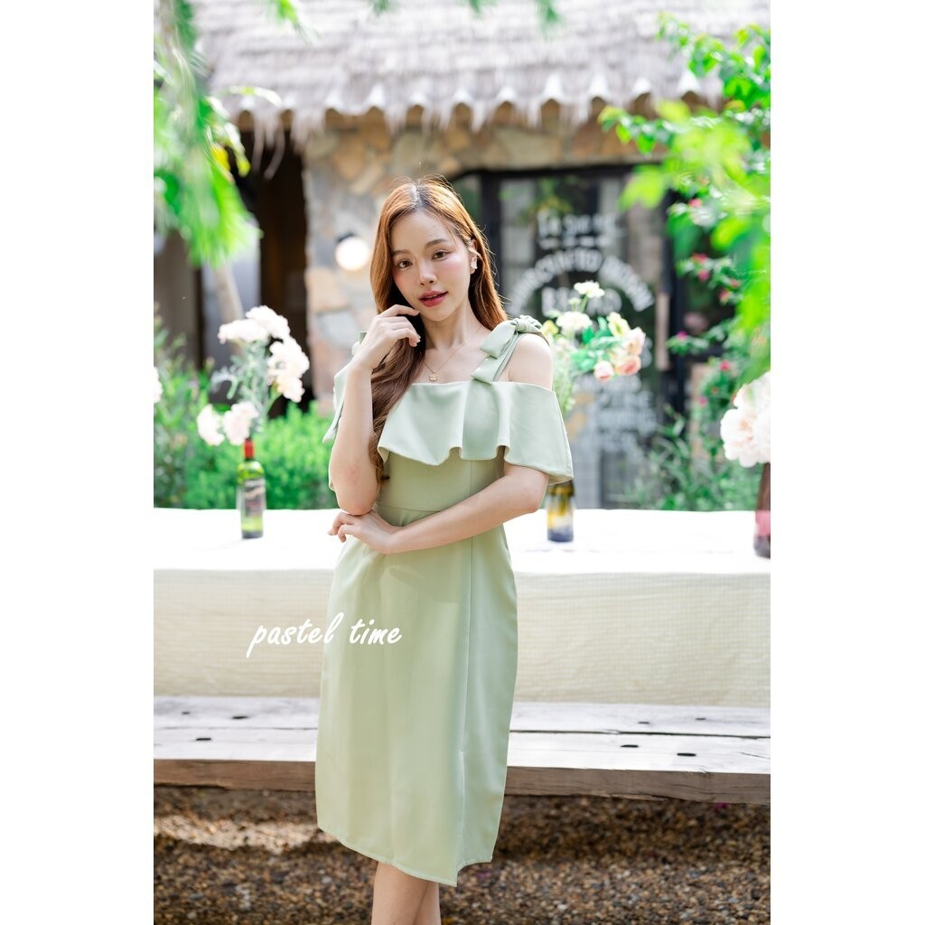 Kristen off-shoulder dress : สีเขียวมัทฉะ [Made by Pastel Time] - รูปที่ 6
