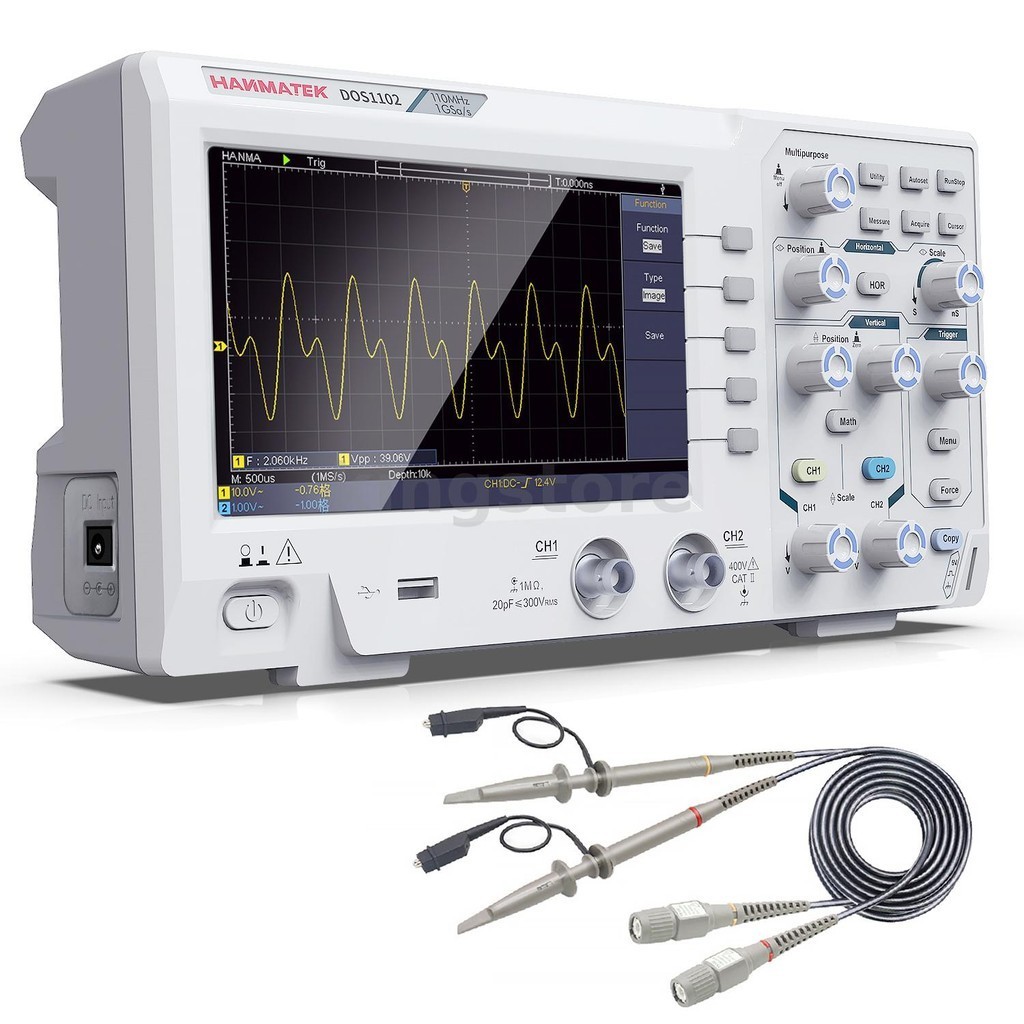 Hamatek DOS1102 Digital Oscilloscope แบบพกพา 110MHz แบนด ์ วิดธ ์ 500 MS/s Sampling 7 นิ ้ วจอแสดงผล LCD Dual Channels