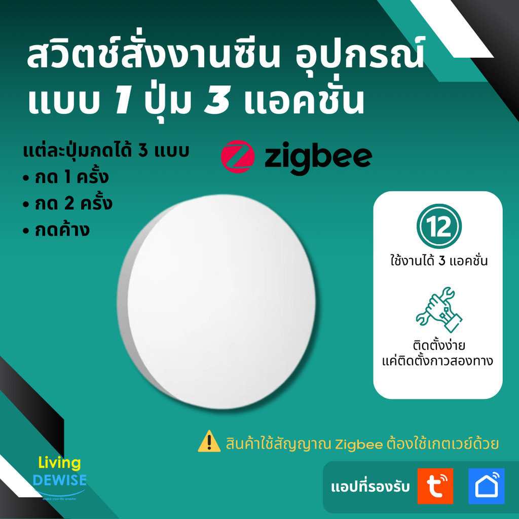 Tuya แป้นสวิตช์ไร้สายแบบใช้ถ่าน(ZM-SY101) สัญญาณ Zigbee เอาไว้สั่ง Scene, Automation-Mini Scene Swit