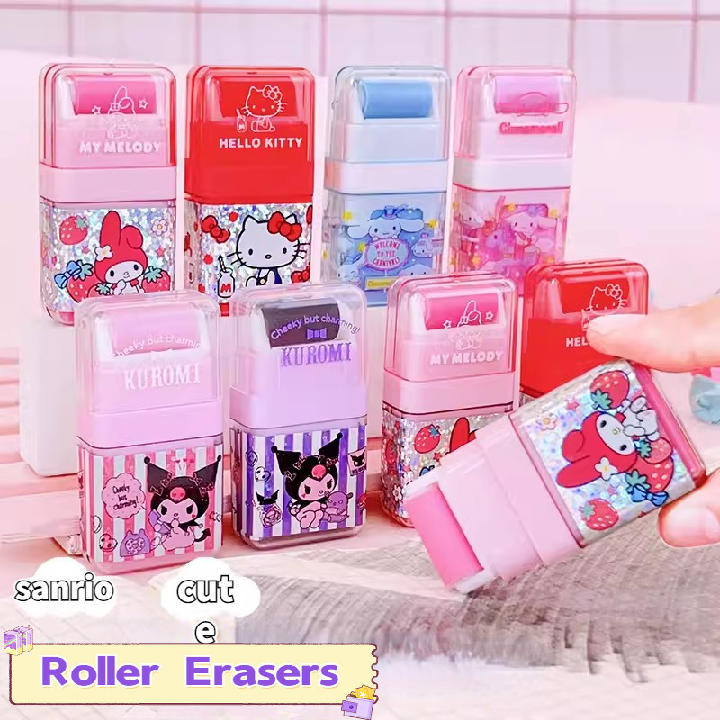 Sanrio Hello Kitty Roller Eraser Kawaii Kuromi Cinnamoroll Melody การ์ตูนยางลบน่ารักสร้างสรรค์เขียนการแก้ไขโรงเรียนนักเรียนอุปกรณ์สํานักงานของขวัญเครื่องเขียน