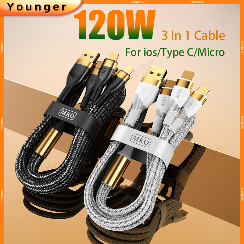3 In 1 120W Super Fast สายชาร์จ 40 Mins Full 6A Flash ชาร์จ Gold-Plated Data Line สําหรับ ios Type C Micro