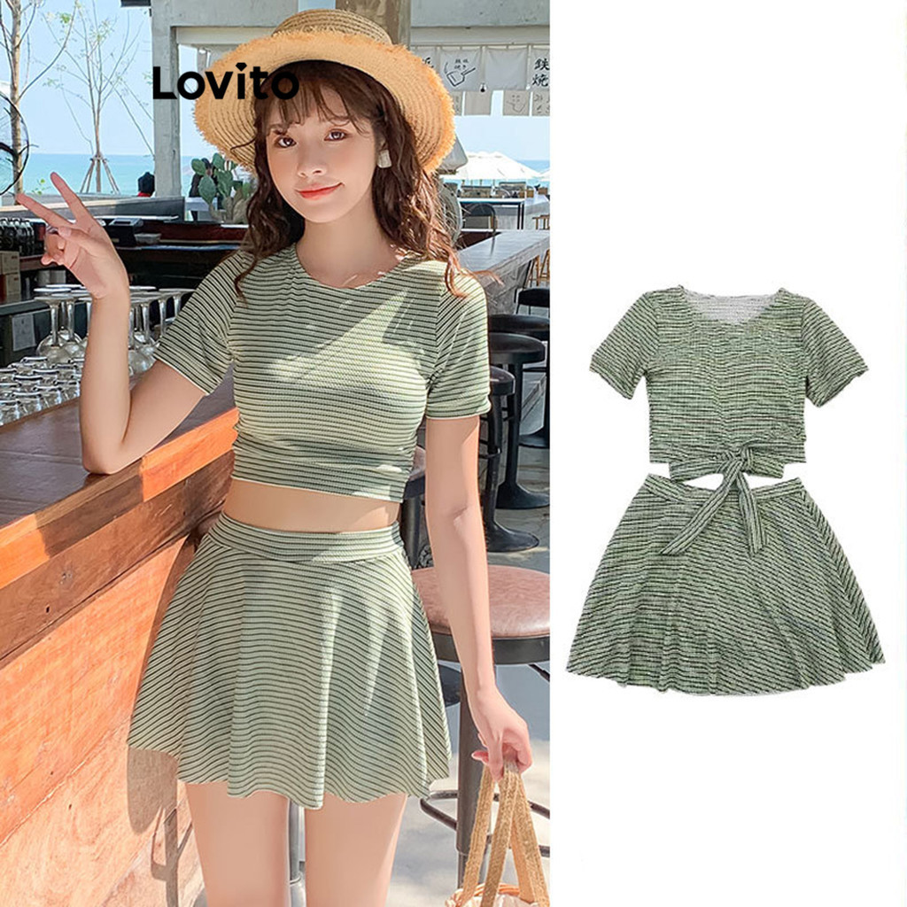 Lovito ชุดเซทบิกินี่ผู้หญิง ลายทาง สไตล์ลำลอง LNA60246