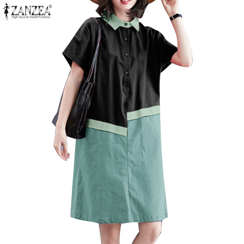 ZANZEA ใส่ ซานเซีย ผู้หญิงเกาหลีเสื้อลําลองคอปกแขนสั้นชุดเย็บปะติดปะต่อกัน