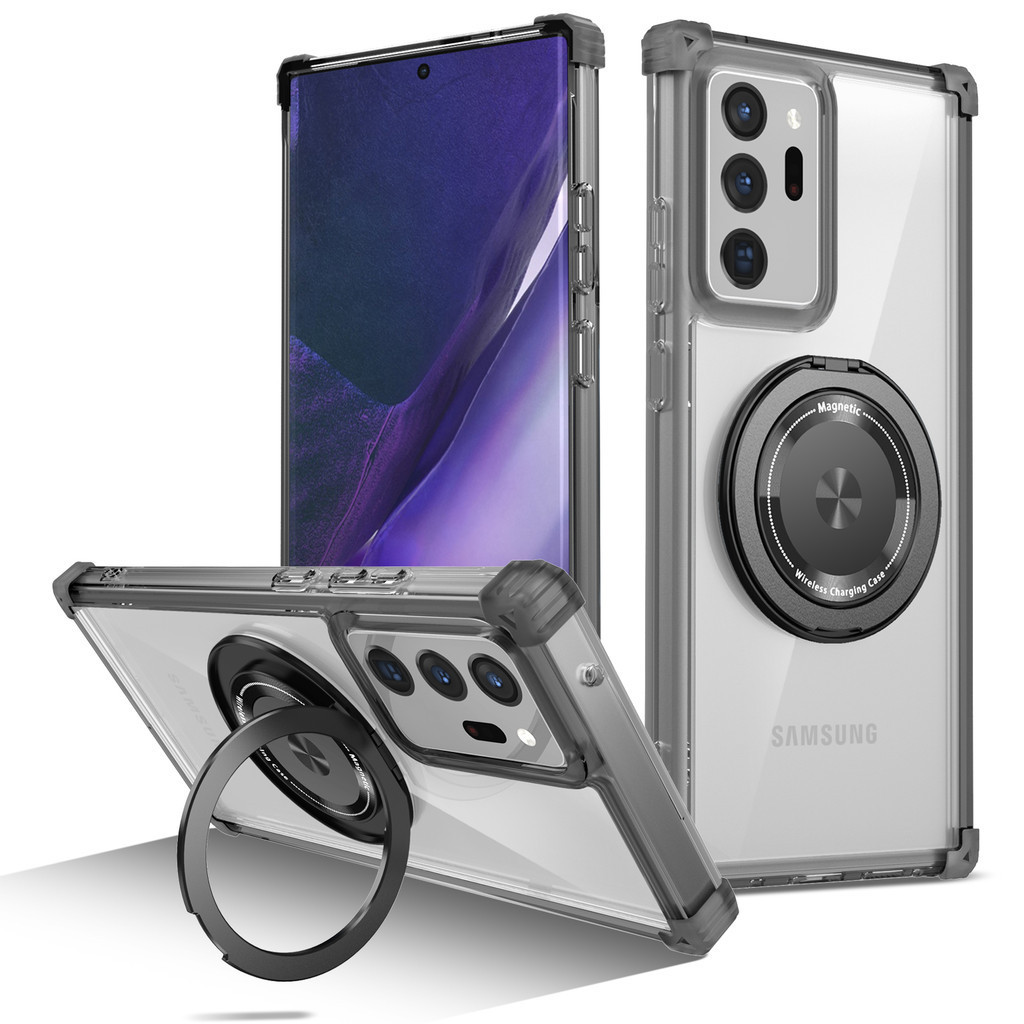 สําหรับ Samsung Note 20 Ultra / S21 Ultra Case ด้านหลังโปร่งใส 360°ขาตั้งแหวนแม่เหล็กหมุนได้กันกระแทก Clear Slim Thin Cover