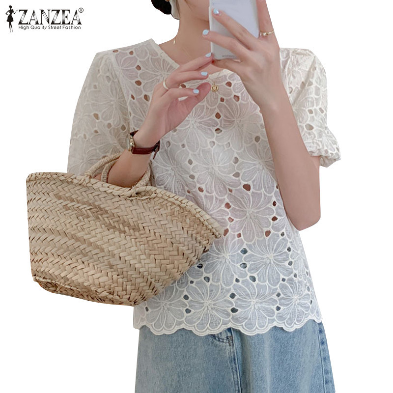 ZANZEA ใส่ ซานเซีย ผู้หญิงแฟชั่นเกาหลีคอกลมแขนสั้นเย็บปักถักร้อยกลวงสีทึบเสื้อ