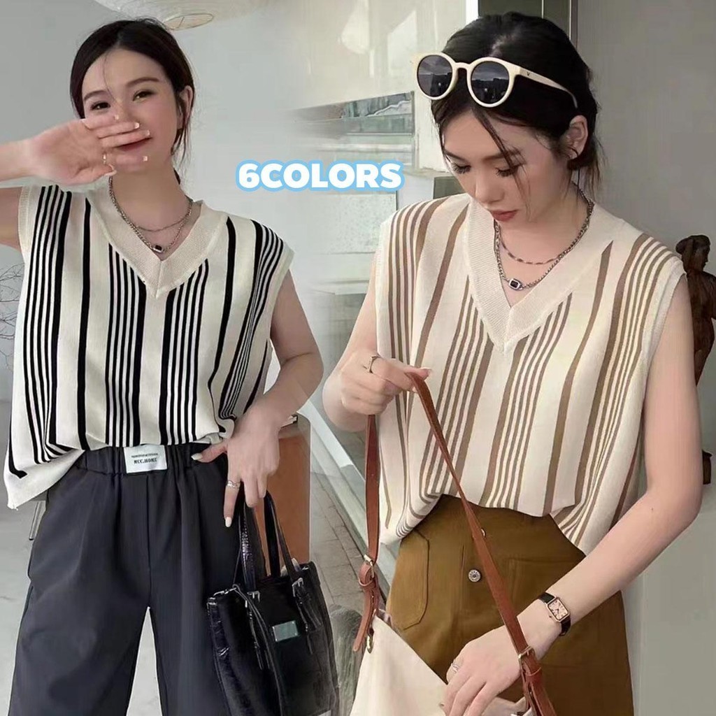 CHILI-KOKO A124 เสื้อกล้ามถักแขนกุด เสื้อยืดไหมพรมลำลอง คอวี ลายหลวมย้อนยุคสไตล์ฮ่องกง สำหรับผู้หญิง