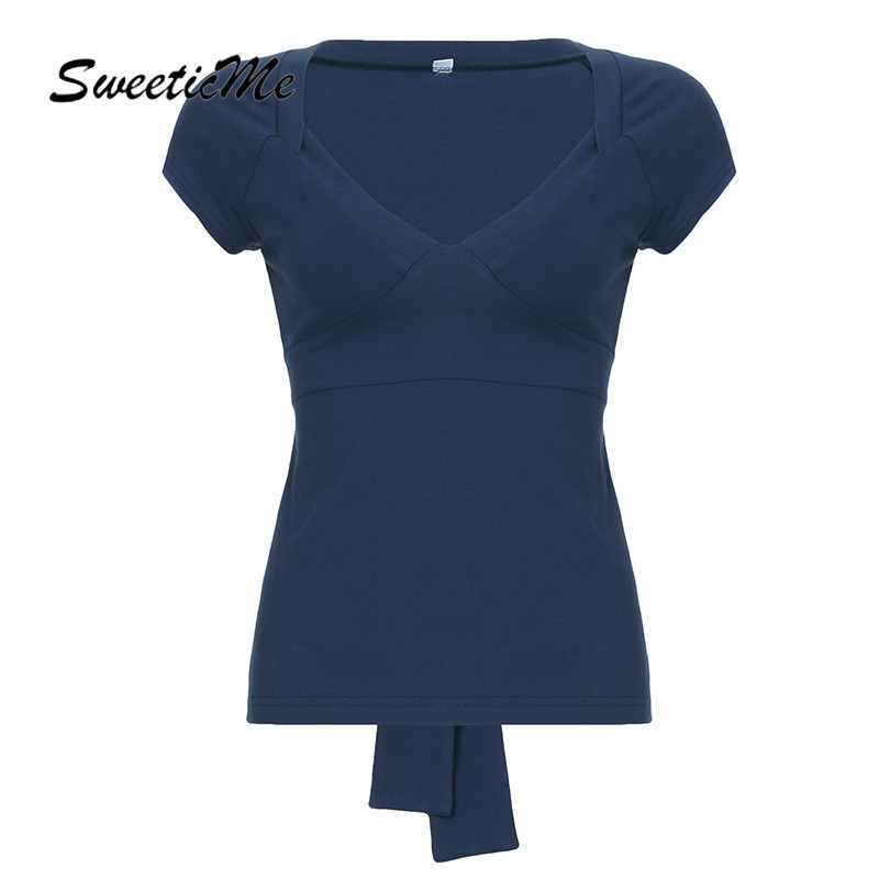 SweeticMe เสื้อสตรี 2025 แฟชั่นใหม่สีทึบ Lacing แขนสั้นคอวี
