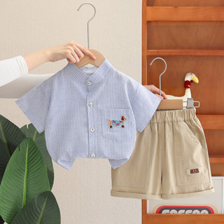 เด็กวัยหัดเดินฤดูร้อนชุดเด็กผู้ชายสไตล์เกาหลีลายคอปกเสื้อแขน…