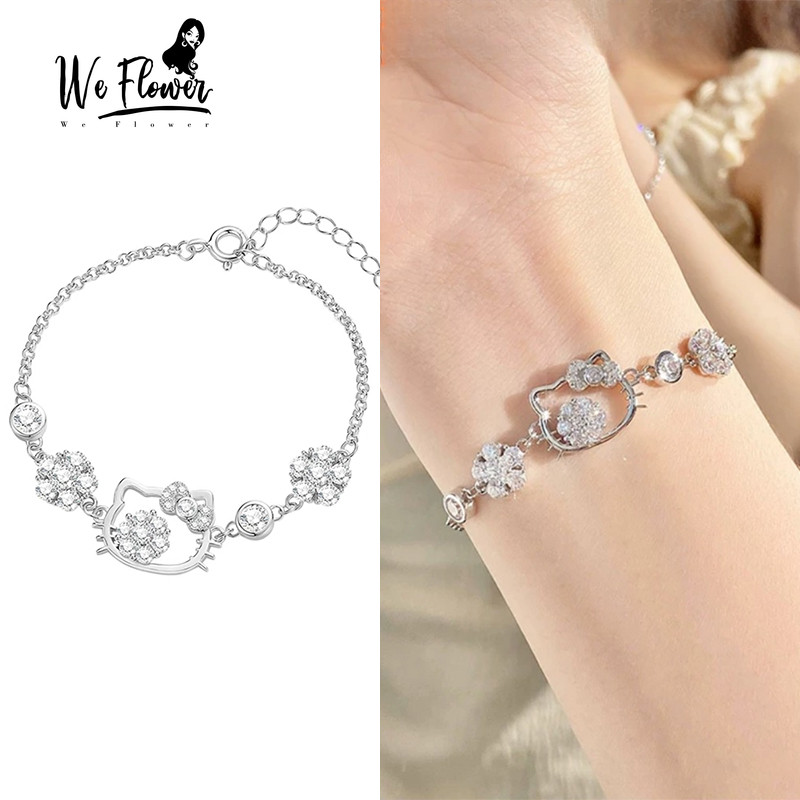 เราดอกไม้เกาหลี s925 เงิน Shining คริสตัล KT สร้อยข้อมือแมวสําหรับผู้หญิงสาว Kitty Charm ข้อมือเครื่