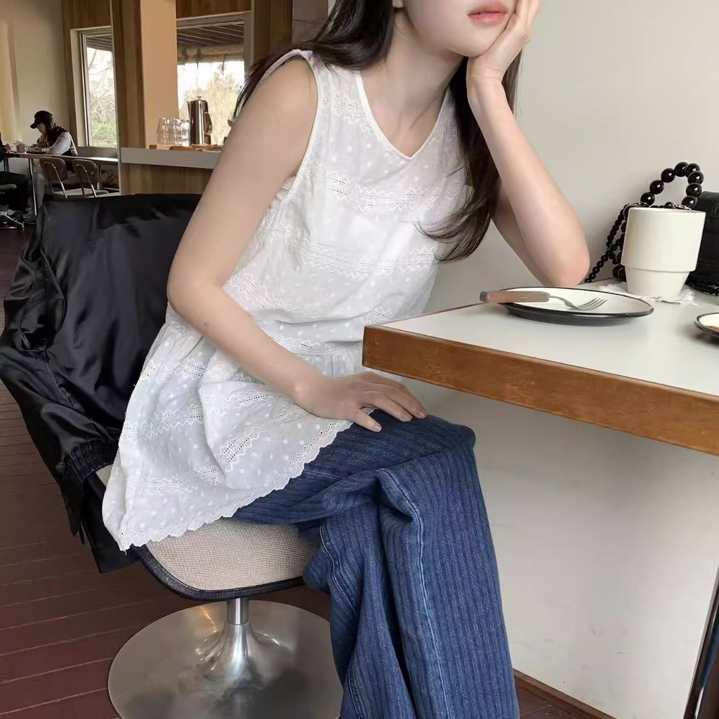ชุดเดรสลูกไม้แขนกุดยาวกลวงสีขาวสําหรับผู้หญิงฤดูร้อน 250303
