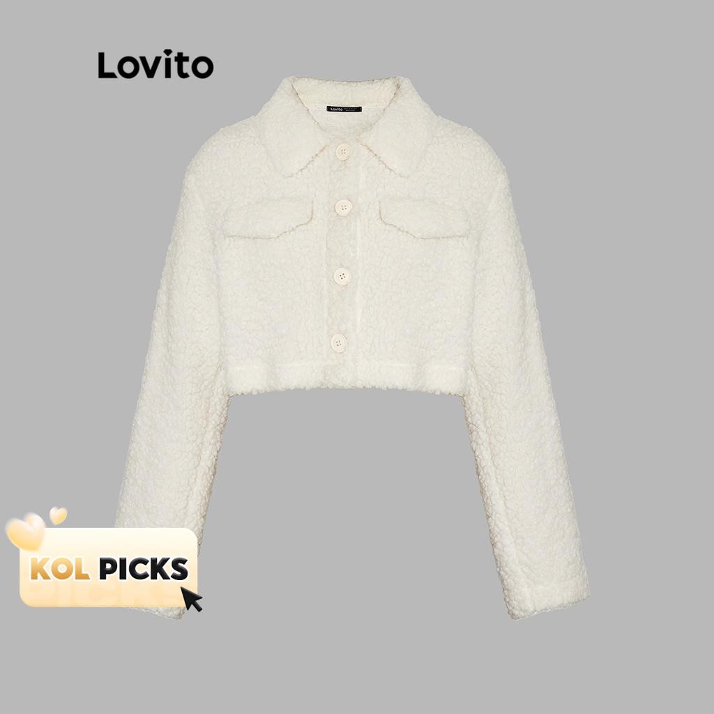 (KOL‘s pick) Lovito เสื้อแจ็กเก็ต แต่งกระดุมหน้า สีพื้น สไตล์ลำลอง แฟชั่นผู้หญิง L39AD009 (สีออฟไวท์)