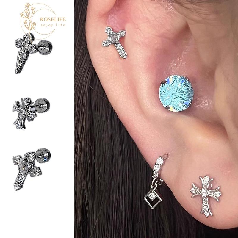 Roselife 1PC Streetwear Unisex Shining คริสตัลข้ามสกรูต่างหูสตั๊ดสําหรับผู้หญิงผู้ชาย Hypoallergenic หู Studs เครื่องประดับ