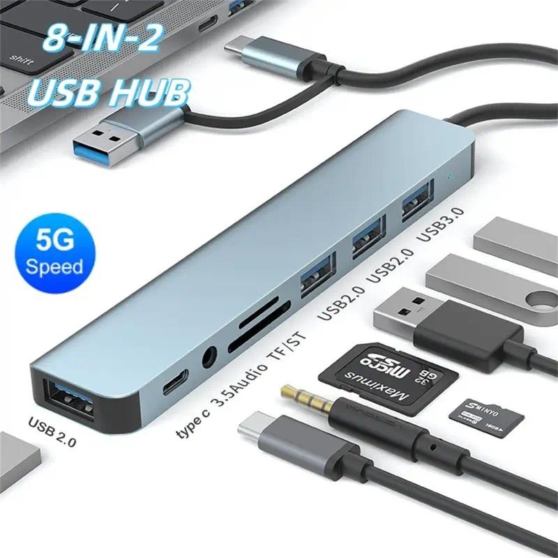 8 in 1 อะแดปเตอร์ฮับ USB+Type C HUB USB C เป็น USB 3.0 การ์ดรีดเดอร์ SD TF pd HUB 3.5 มม.สำหรับโทรศัพท์ม