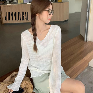Junnovgal เสื้อยืดผู้หญิง  สีทึบคอวีแขนยาวแฟชั่นทุกวัน Casua…
