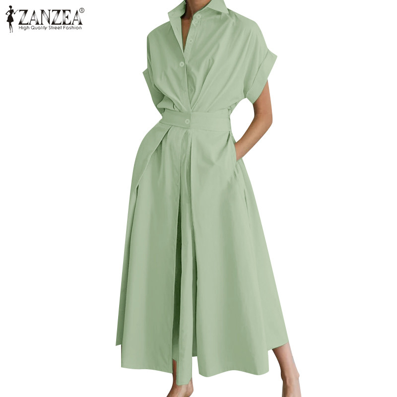 Zanzea ผู้หญิง Vintage Workplace Chic Lapel รวบรวมเอวพร้อมกระเป๋า A-Line ชุดเดรส