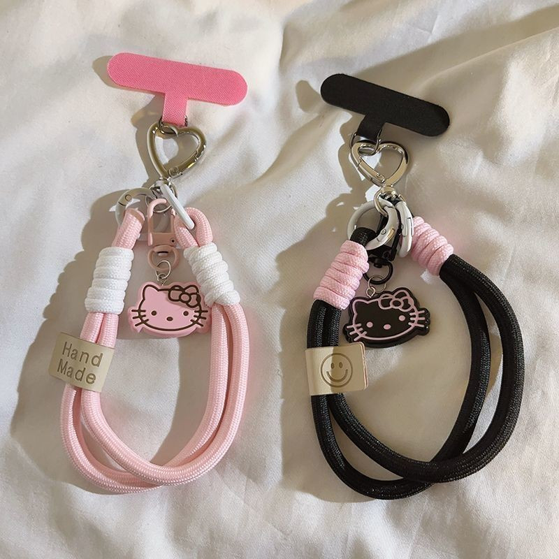 เคสโทรศัพท์มือถือทอเชือกแขวนน่ารัก เคที แมวจี้อุปกรณ์เสริมโทรศัพท์มือถือสั้นเมื่อหายไปโซ่พวงกุญแจจี้อุปกรณ์เสริมสากล