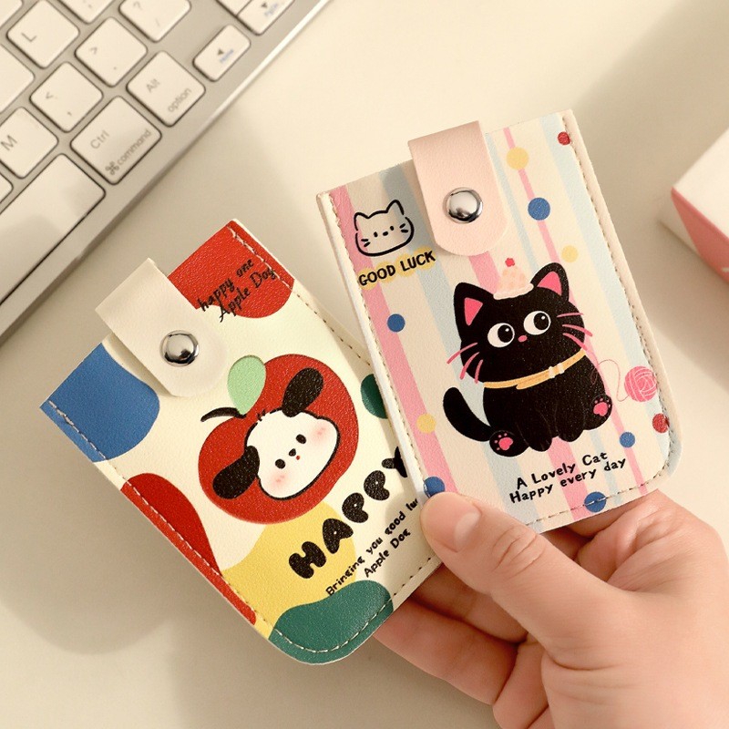 การ์ตูนน่ารักดึงออกแมวดําลูกสุนัขกรณีบัตรที่มีหัวเข็มขัดความจุขนาดใหญ่ รหัส ผู้ถือบัตรหลายตําแหน่งบัตรแขนถุงเก็บ