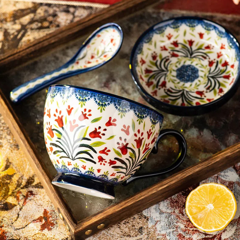 ชุดถ้วยกาแฟสไตล์โบฮีเมียนย้อนยุคดอกไม้ถ้วยเซรามิก/ผ้าพันคอ/ช้อนความจุสูงถ้วยน้ําชายามบ่ายไมโครเวฟถ้วยอาหารเช้าแก้ว - รูปที่ 3