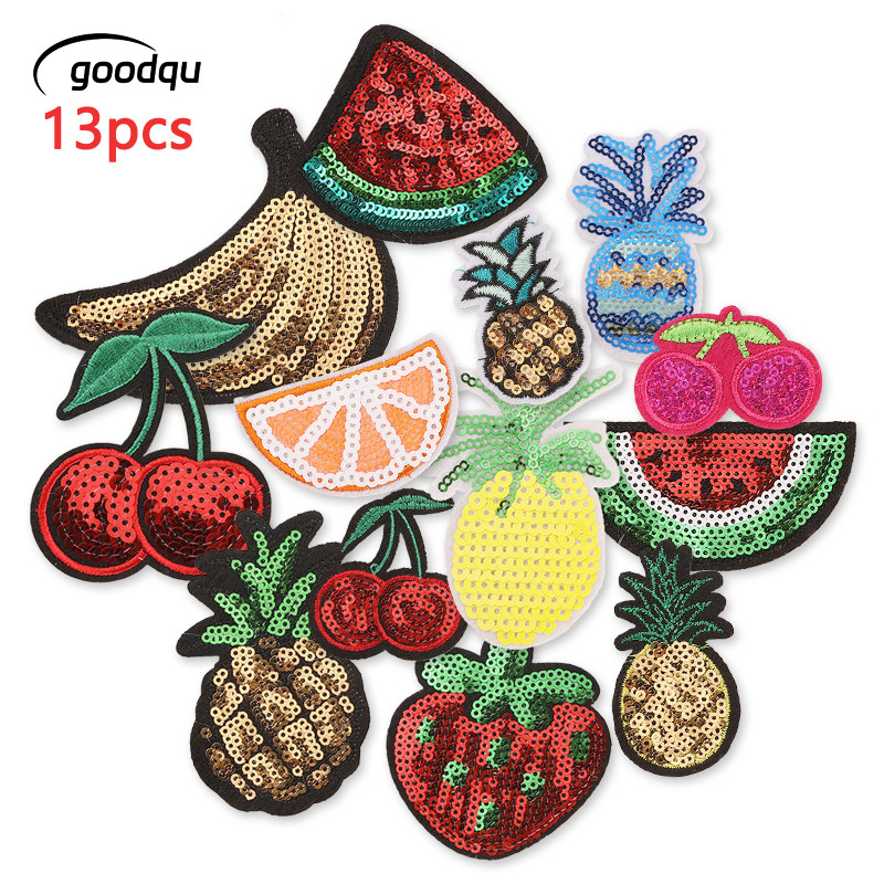 13pcs Lot แพทช์สําหรับเสื้อผ้าเด็ก Glitter ผลไม้น่ารักแพ็คเหล็กปัก Fusible เย็บ Diy Thermoกาวแจ็คเก็ต Mochila