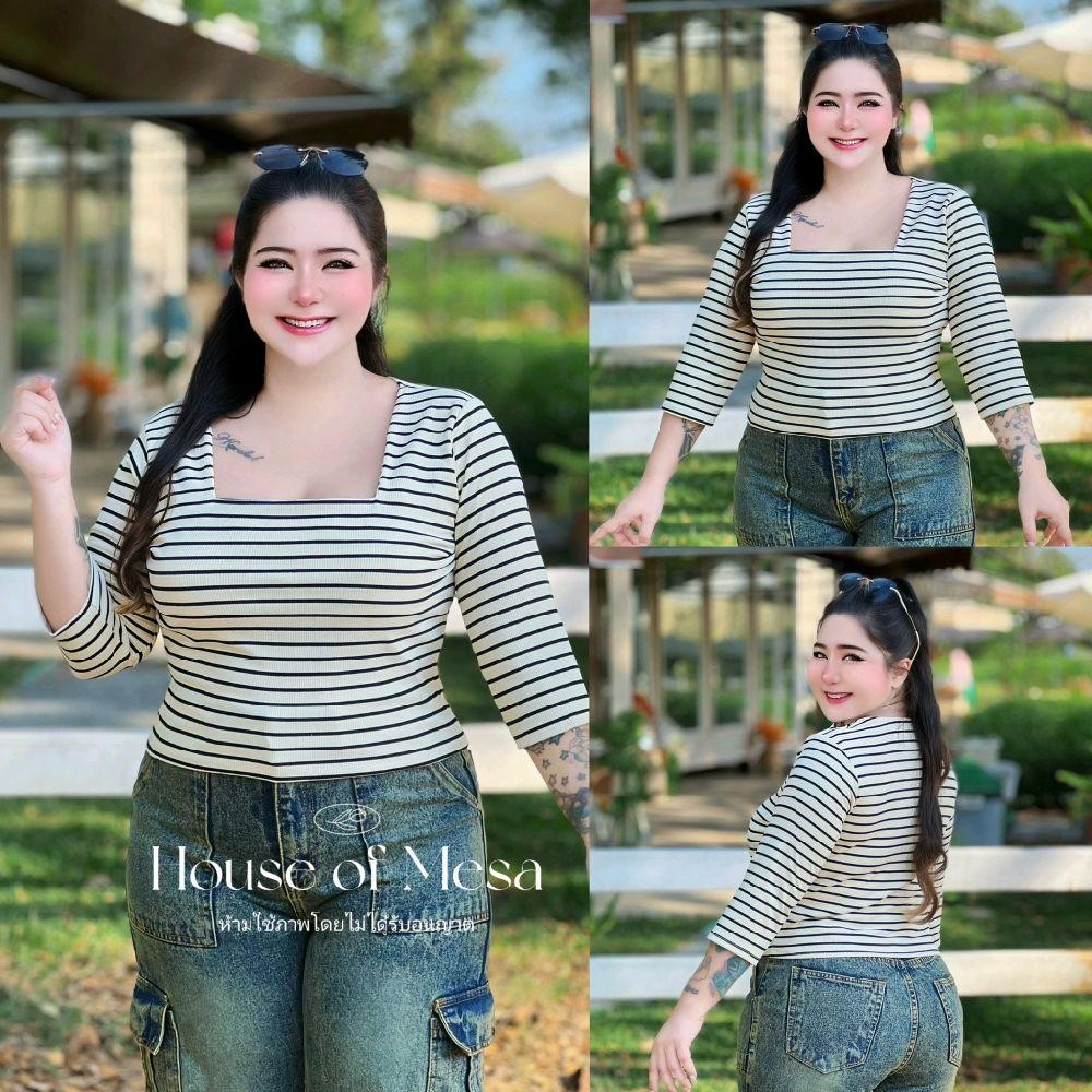 Plussize เสื้อครอปคอเหลี่ยมลายริ้ว เสื้อสาวอวบ อก 38-52นิ้ว