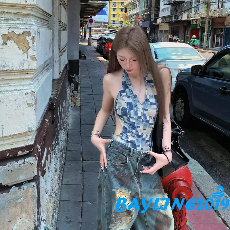 Bay-ผู้หญิง Halter คอบอดี้สูทสบายๆฤดูร้อน Tie up Backless ลายสก๊อตพิมพ์แขนกุด Jumpsuits สําหรับ Club Streetwear