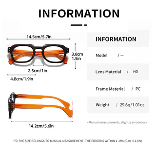 Hs2206 1 ชิ้น PC Squared กรอบบานพับฤดูใบไม้ผลิ Fit All Face Shapes Presbyopia แว่นตาอ่านหนังสือ