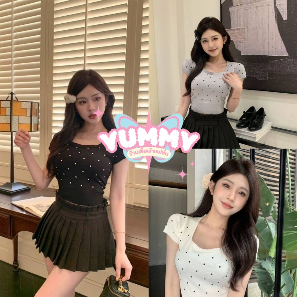 🎀Yummy Shop🎀พร้อมส่ง (BKD4832) เสื้อยืดไหมพรมครอปแขนสั้น คอเหลี่ยม ดีเทลลายจุกน่ารักมาก