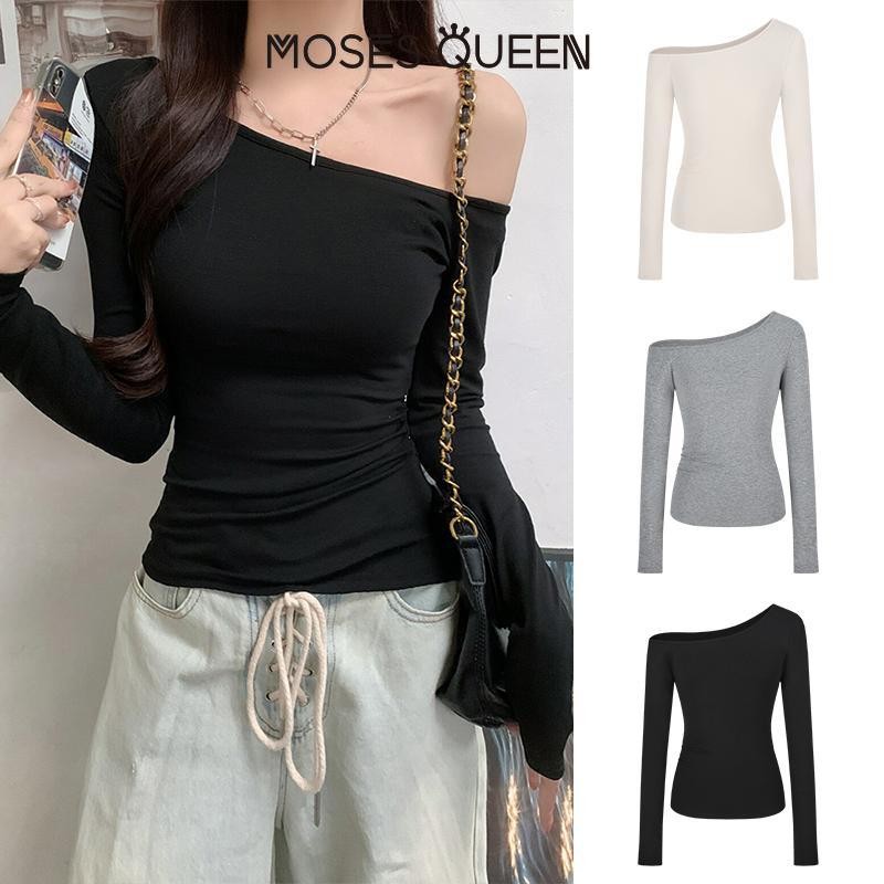 MOSESQUEEN ใหม่ผู้หญิงคอกลมแขนยาวลําลองเซ็กซี่สลิมฟิตด้านบน#62269
