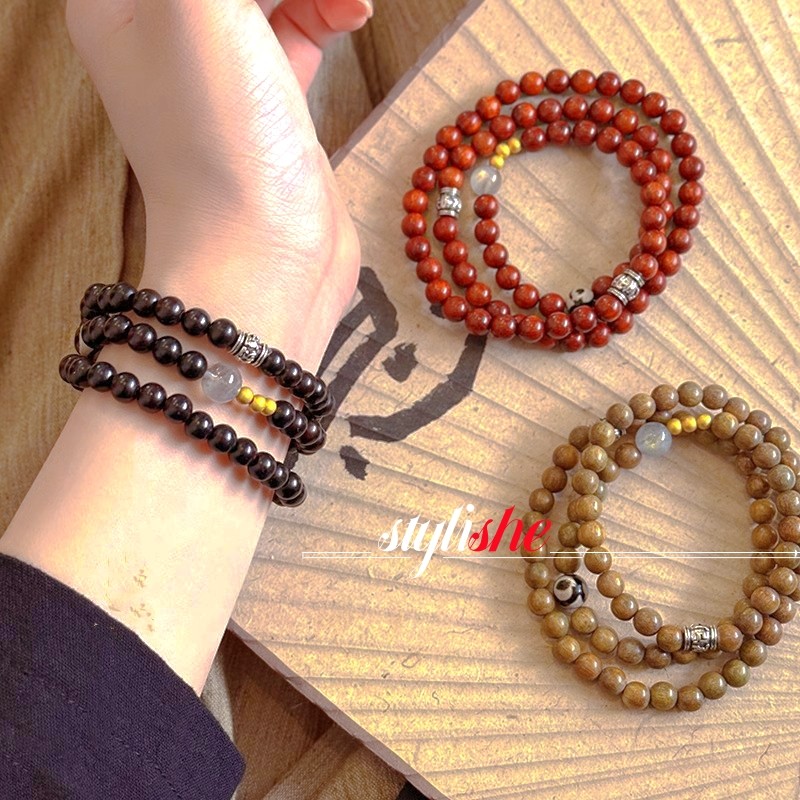 ไม้จันทน์ หัวใจ ลูกปัดสร้อยข้อมือ/สร้อยคอ ไม่จํากัดเพศ เครื่องประดับคู่แฟชั่นสไตล์โบราณลูกปัดสร้อยข้อมือสามชั้น