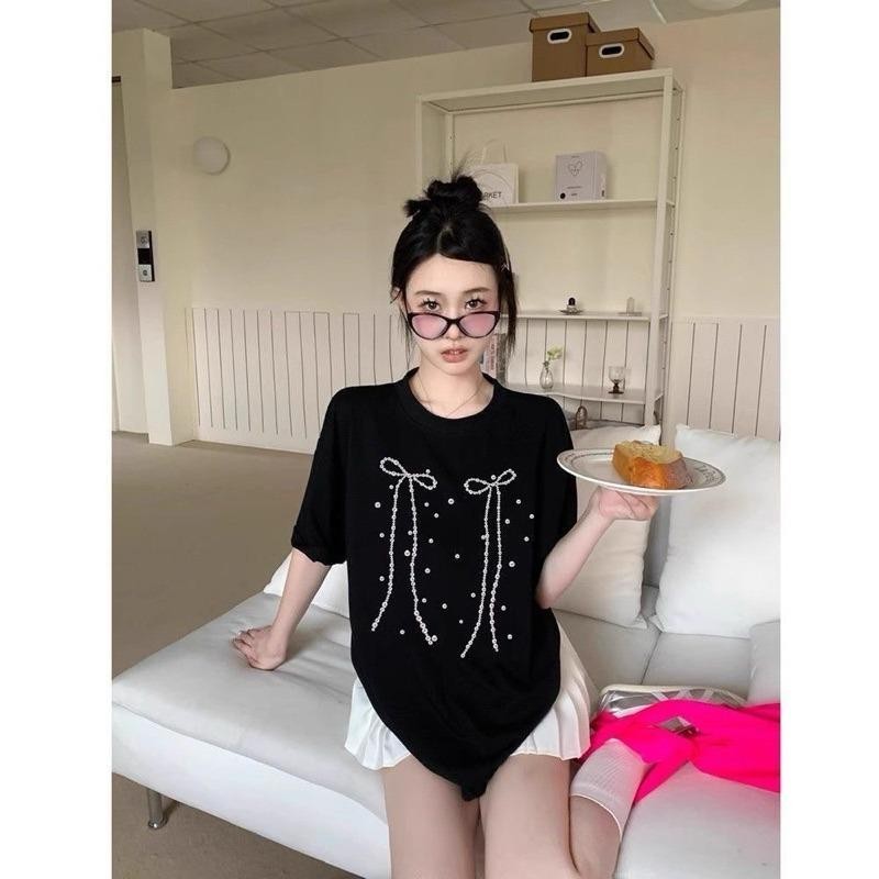 yout-trend🔥 พร้อมส่ง ผู้หญิง เสื้อยืด oversize สไตล์เกาหลี ผ้าฝ้ายแท้ใส่สบาย ไม่แตกเมื่อซัก Bow