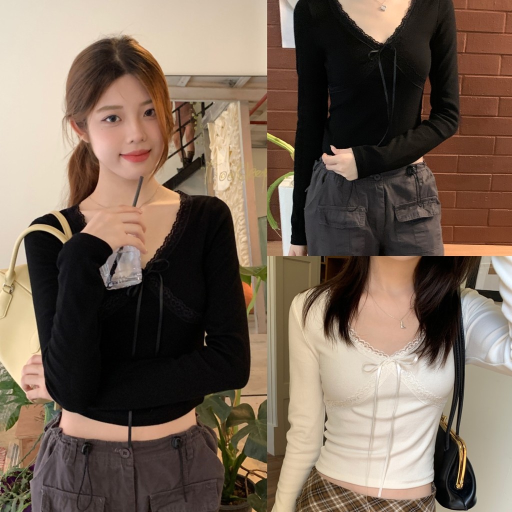 Beryl 🌻เสื้อยืดเข้ารูปทรงผู้หญิง เสื้อยืดสวยๆผู้หญิง สีทึบเกาหลีผูกโบว์เย็บลูกไม้สั้นและพอดีตัว