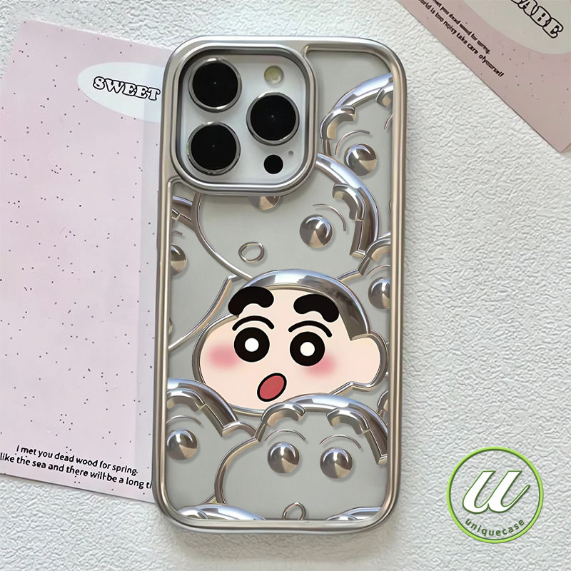 กรอบการ์ตูนเจ๋ง ๆ กรอบชุบไฟฟ้าชิน - ชาน เคส IPhone 16 14 13 12 15 11 Pro Max XR 7Plus 7 8 15 16 14 Plus XS MAX X SE 2020