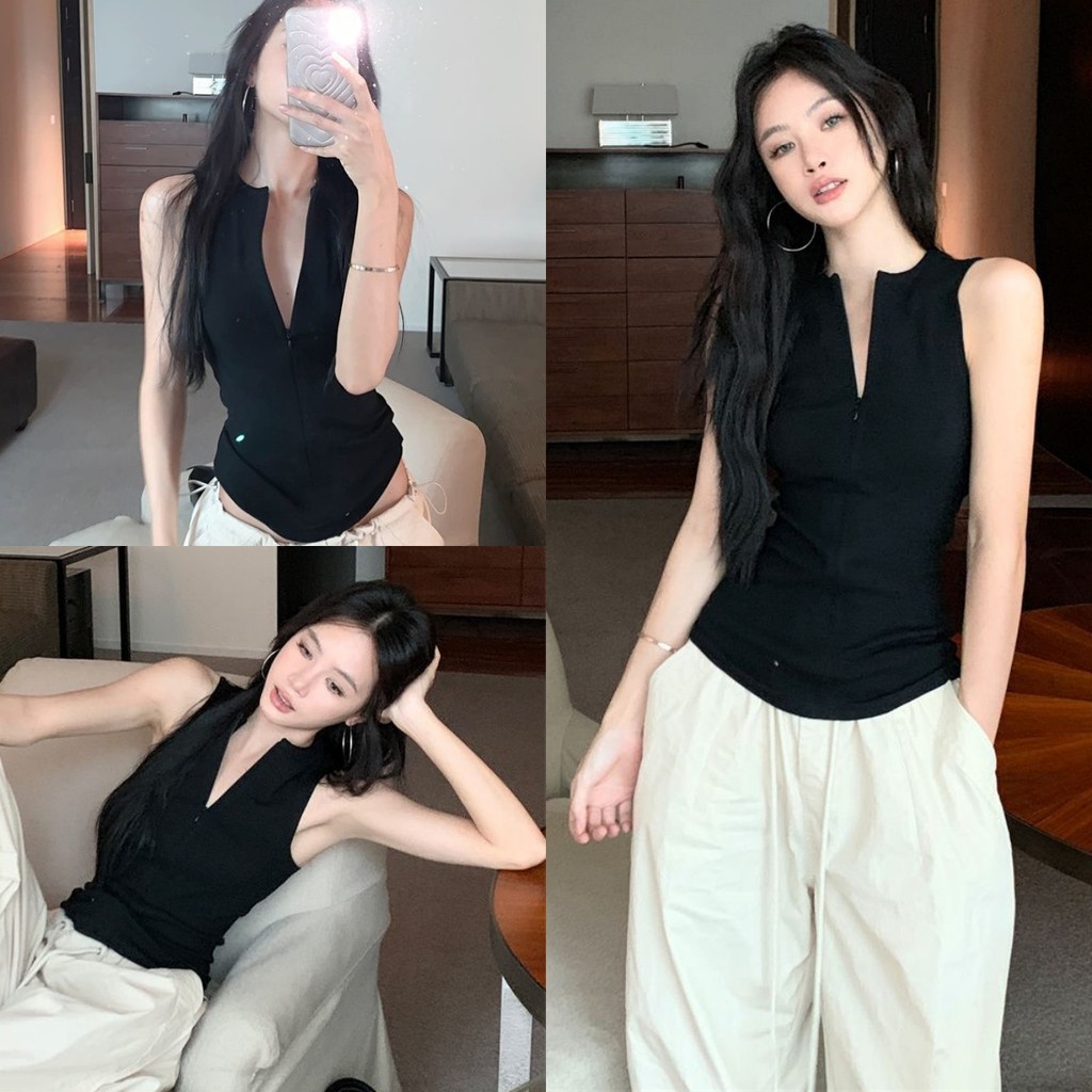 🍈Evelyn🍈เสื้อแขนกุด ดีเทล ซิปรูดด้ายหน้าสีพื้น เสื้อกล้ามผู้หญิง ยืดพอดี ผ้านิ่ม ใส่สบาย สไตล์ลำลอง