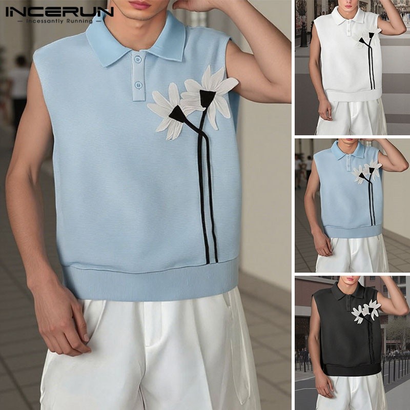 Incerun ผู้ชายเกาหลีแฟชั่น Lapel 3D ดอกไม้ตกแต่งเสื้อแขนกุดครึ่งกระดุม