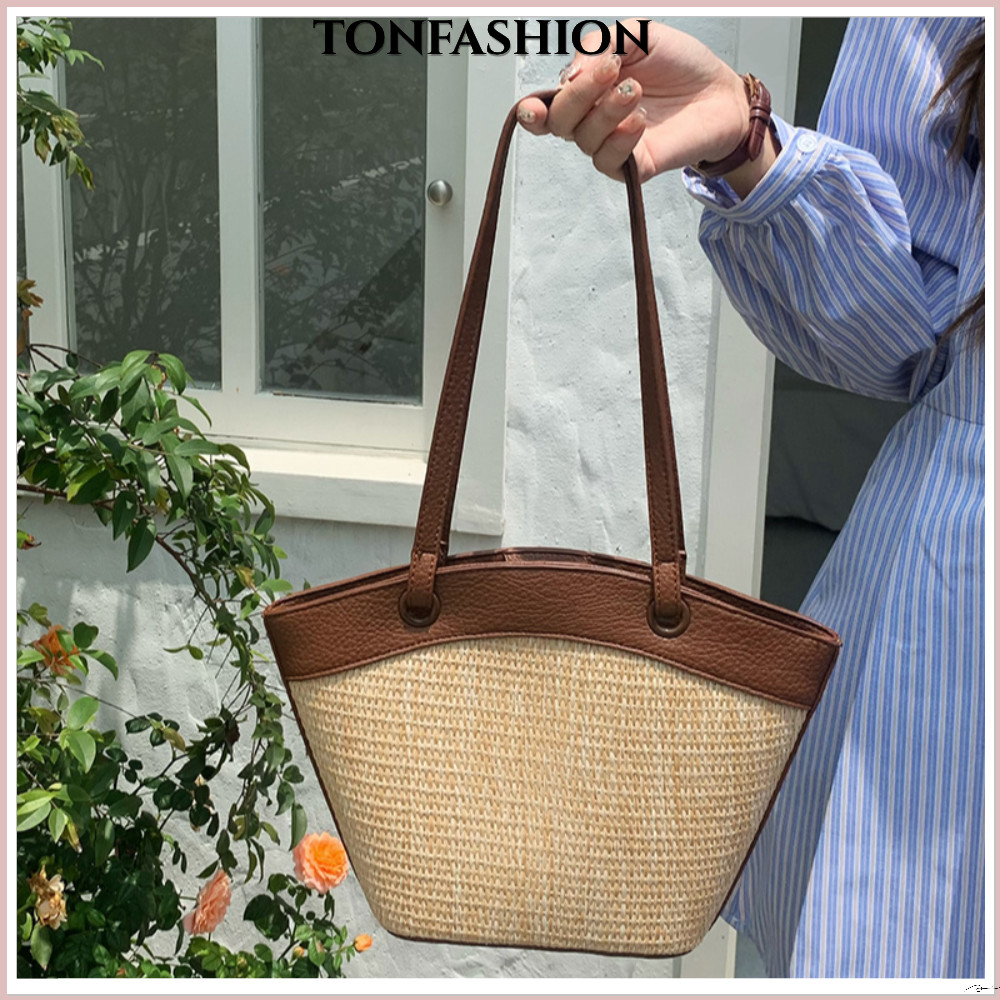 Tonfashion กระเป๋าถือลําลอง แบบสาน ฟางสาน แฟชั่นเรียบง่าย