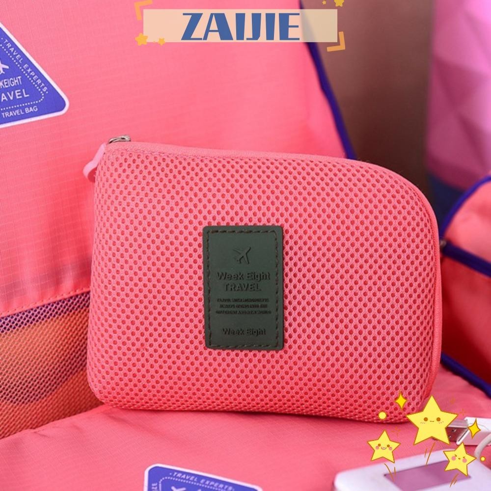 Zaijie24 กระเป๋าเก็บสายเคเบิลข้อมูล Dacron สีพื้น กระเป๋าเดินทาง กล่องเก็บของ แบบพกพา