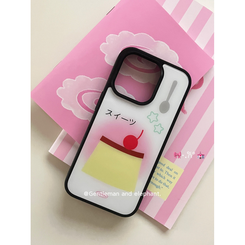 เคสป้องกันโทรศัพท์มือถือกระจก ขอบสีดํา ลายเชอร์รี่ พุดดิ้ง สไตล์ญี่ปุ่น สําหรับ Apple Iphone 15promax 14promax 15