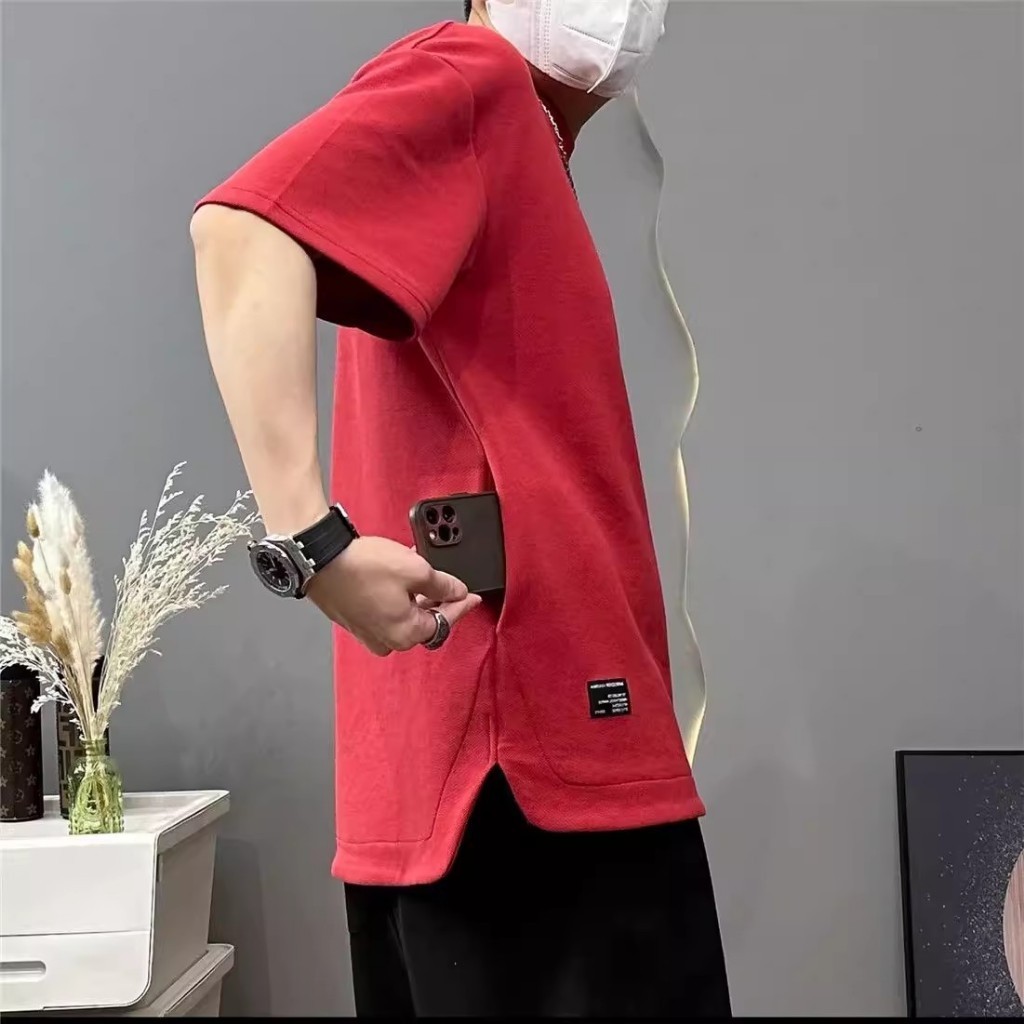 กระเป๋าซ่อนเย็นระบายอากาศผู้ชายครึ่งแขนคอกลมฤดูร้อนสีทึบหลวมเสื้อยืดขนาดใหญ่