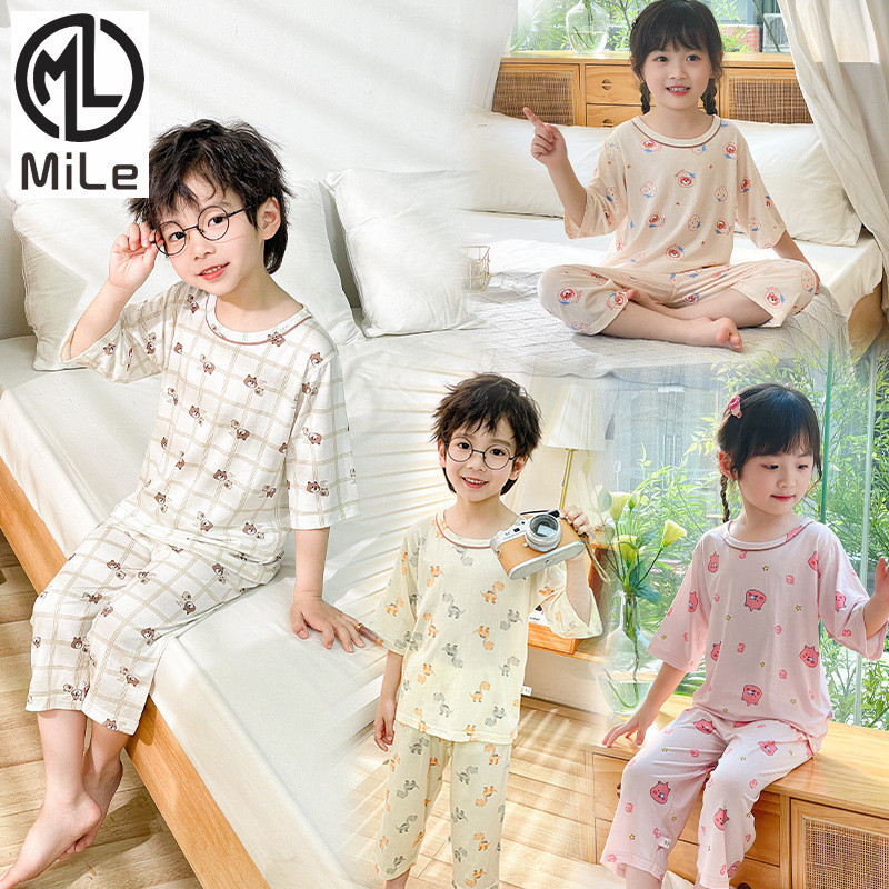 [ML] 80-160 ซม. เด็ก ชุดอยู่บ้าน ฤดูร้อน สไตล์ใหม่ เด็กผู้ชาย เด็กผู้หญิง Lyocell แขนสามส่วน ชุดนอน ขนาดเล็ก กลาง เด็ก
