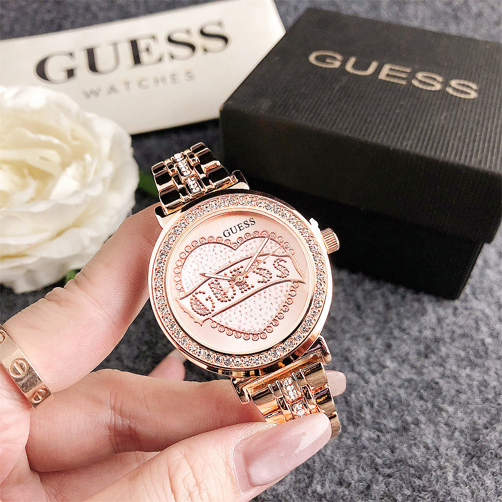 Guess แฟชั่นลําลองผู้หญิง Rhinestones นาฬิกาควอทซ์เหล็กสําหรับผู้หญิง