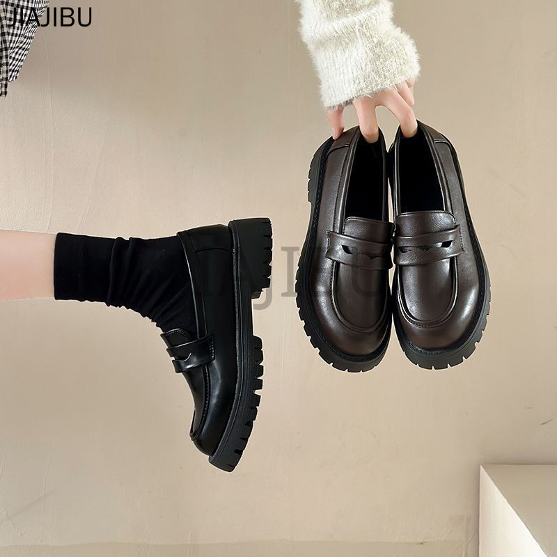 Size 35-43 High Quality Large Size Women's Shoes Korean Fashion Platform Mary Jane Shoes 42 Non-slip Round Toe Thick Heels Lolita Shoes Lazy Shoes Japanese Black Shoes British College Style JK Uniform Shoes Brown Small Leather Shoes Cosplay Princess Shoes