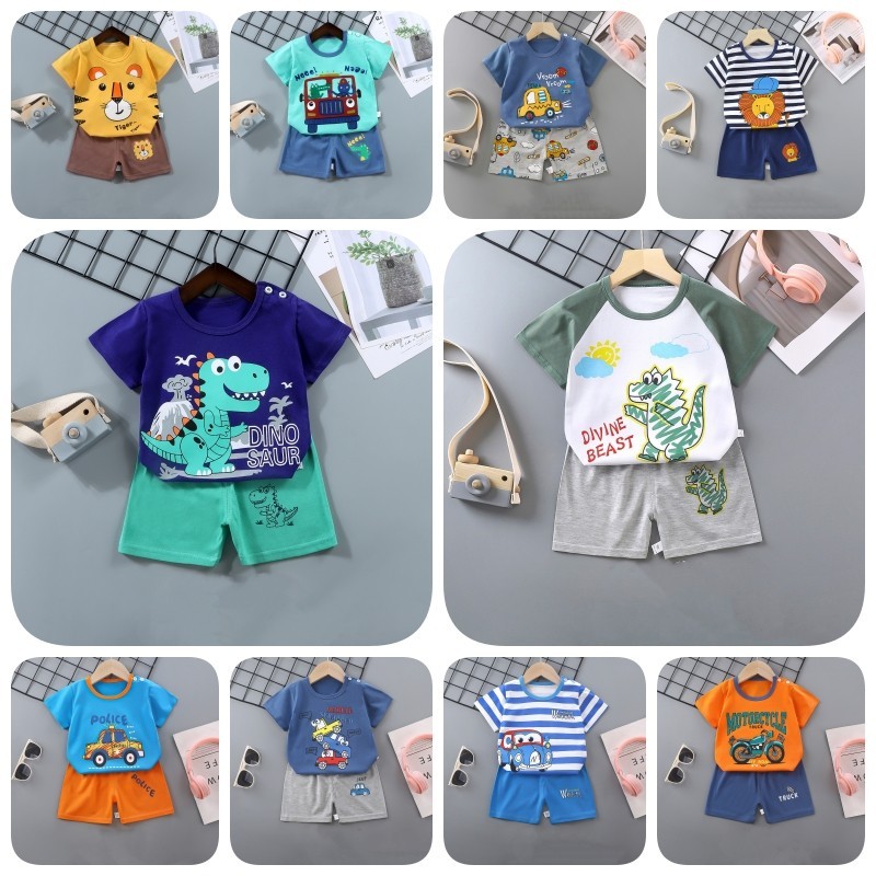 เสื้อยืด ผ้าฝ้าย 100% พิมพ์ลายการ์ตูนสิงโต เสือ รถยนต์ ไดโนเสาร์ กางเกงขาสั้น แฟชั่นฤดูร้อน สําหรับเด็กผู้ชาย