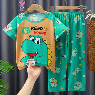 【YAOEENH】พร้อมส่ง ชุดนอน เสื้อคอกลม แขนสั้น กางเกงขายาว ลายก…