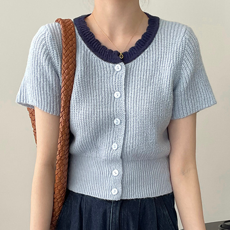 เสื้อแจ็กเก็ตคาร์ดิแกน คอกลม แขนสั้น ผ้าถัก แบบบาง ทรงหลวม ขนาดเล็ก สีตัดกัน แฟชั่นฤดูร้อน สําหรับผู้หญิง MQ0L