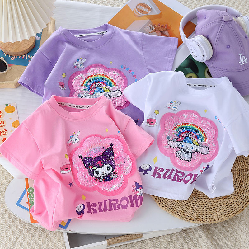 Kuromi Girls เสื้อยืดแขนสั้นผ้าฝ้ายแท้ฤดูร้อน 2024 สไตล์ใหม่แฟชั่นขายดีเปลี่ยนสี Kuromi Sequined สาวน่ารัก
