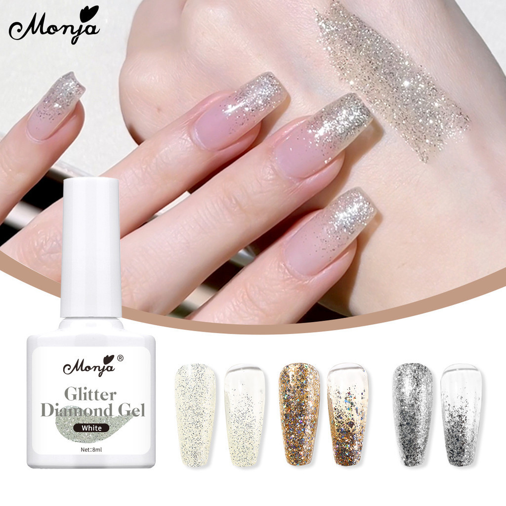 Monja 8ml เล็บสะท้อนแสง Glitter เจลเล็บเพชรเงาเจล Holographic Soak Off เจลเคลือบเงา เล็บเครื่องมือ
