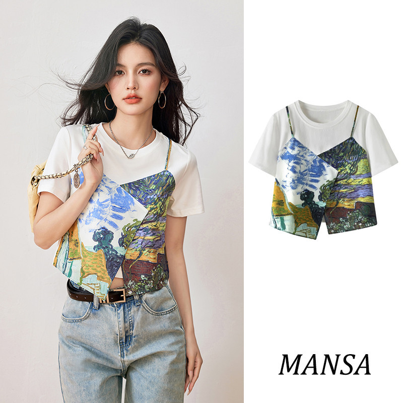 MANSA white printed T-shirt เสื้อยืดผู้หญิง เสื้อครอป เสื้อ
