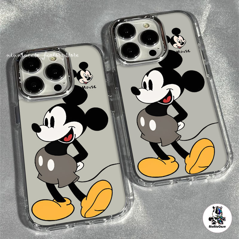 สำหรับ iPhone 13 12 14 11 15 Pro Max XR X Plus XS SE 7 มิกกี้เมาส์รูปแบบกรอบรูปโลหะลายการ์ตูน เลนส์ป้องกันซิลิโคนนุ่ม