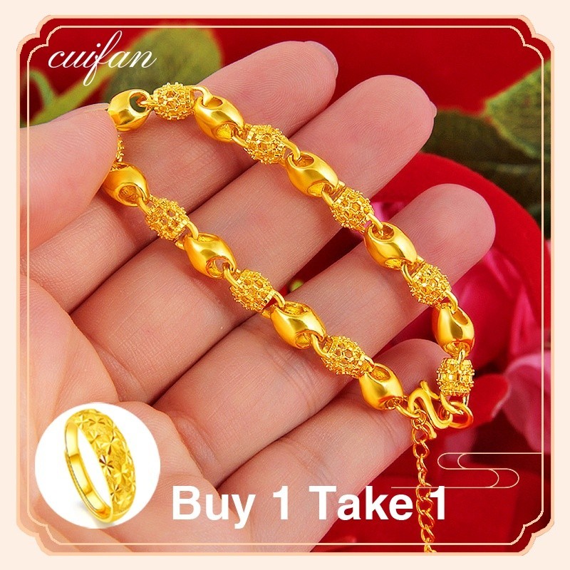 Emas 916 Original gold Viral Murah Rantai Tangan Emas Korea Cop 916 Bracelet for Women Korean Style Set Free Earrings 24