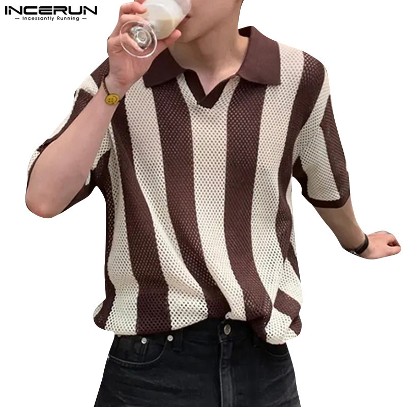 Incerun ผู ้ ชายแฟชั ่ นเกาหลี Hollow Stripe Turn Down Collar เสื ้ อโปโลแขนสั ้ น